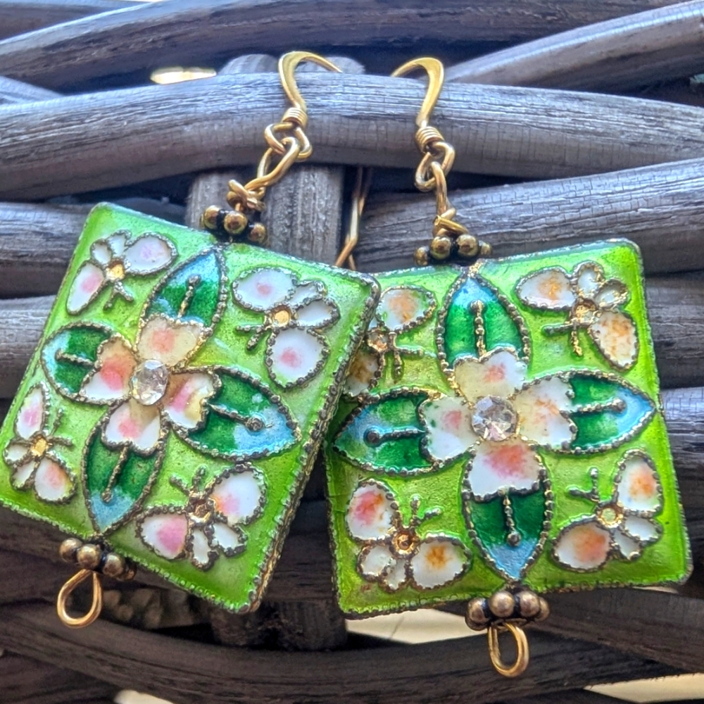 Vintage Bright Green Floral Enamel Earrings With Butterflies